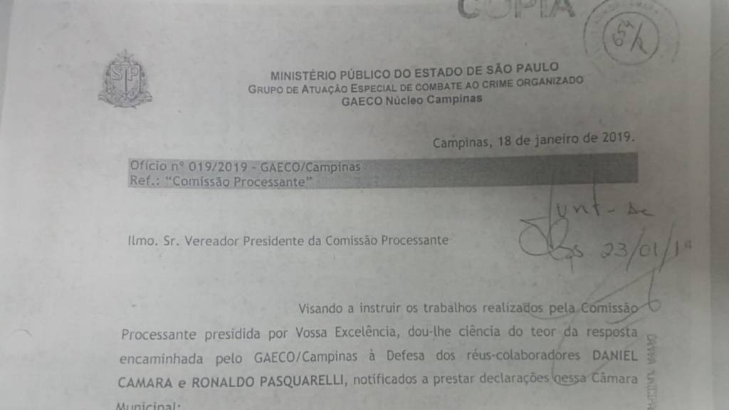 Em ofício, MP reforça relevância de depoimento de delator à CP do Ouro Verde