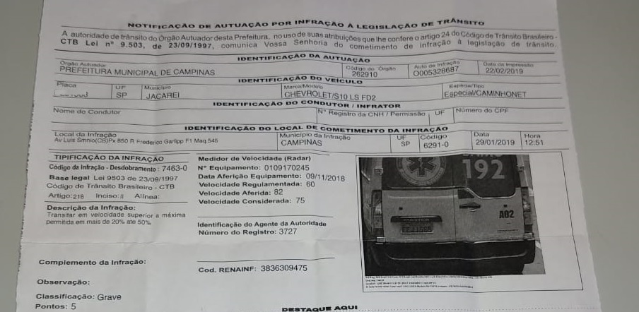 Motorista recebe multa com foto de ambulância do Samu