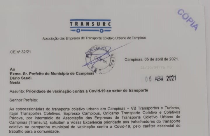 Transurc protocola pedido de prioridade na vacinação