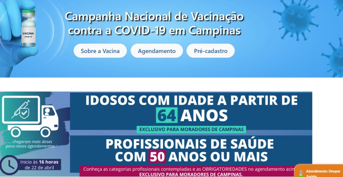 Campinas abre agendamento para 64 anos ou mais