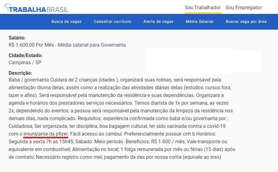 Exigência de vacina da Pfizer para emprego causa polêmica