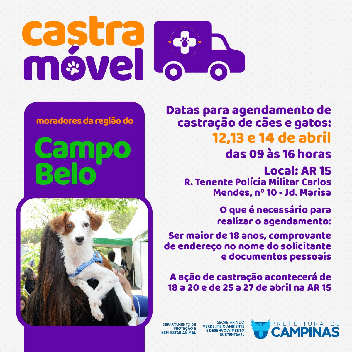 Castramóvel vai atender 1.500 cães e gatos do Jd. Marisa