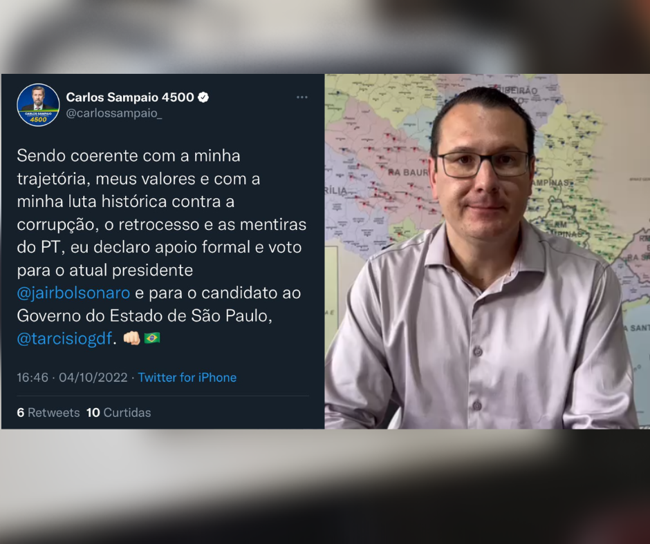 Contra o partido, Rafa Zimbaldi declara apoio a Bolsonaro; Carlos Sampaio também