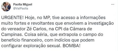 Defesa de Zé Carlos classifica como “maldoso” twitte de vereadora da CPI