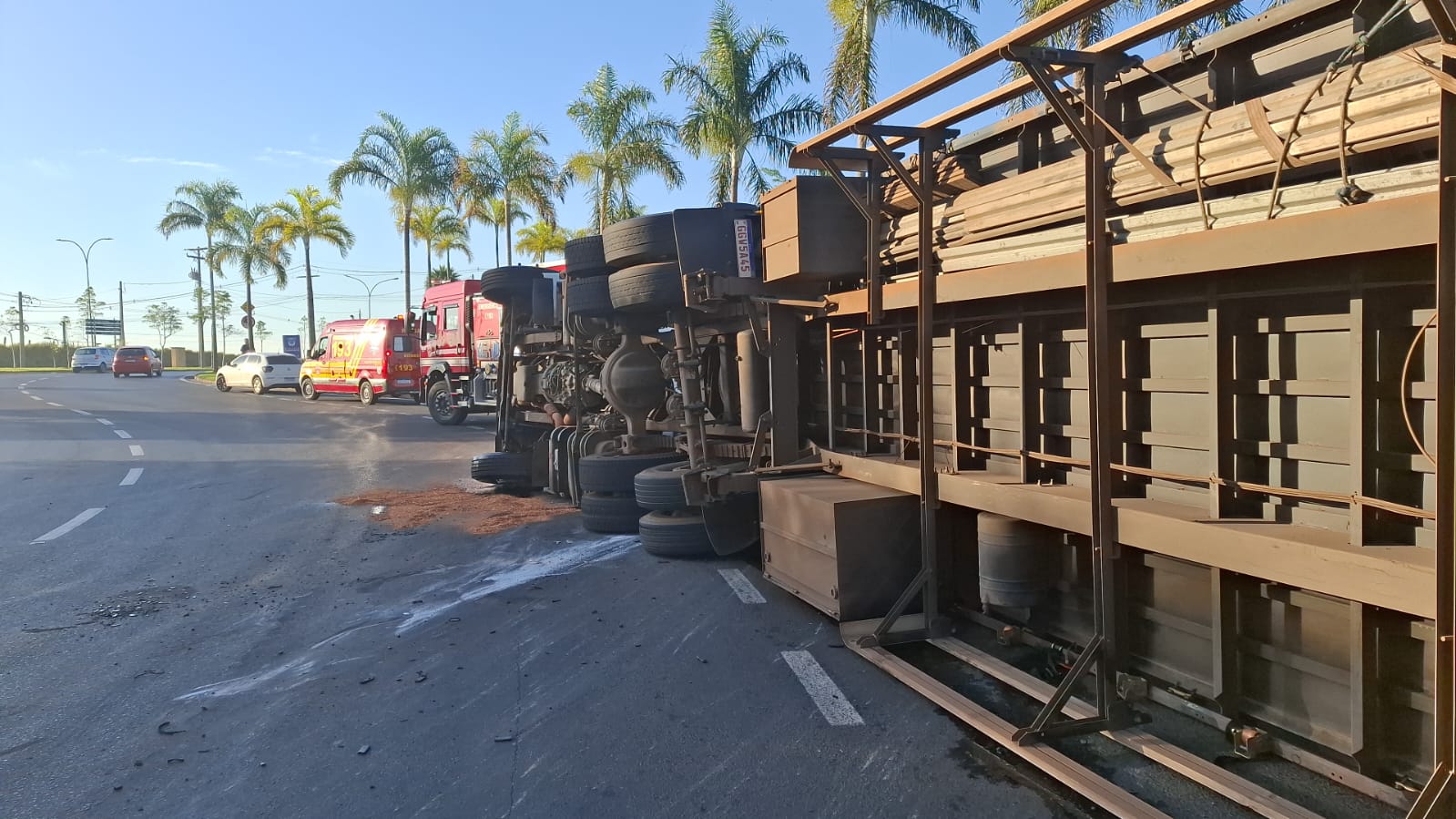 Caminhão carregado com ferro tomba no balão do Swiss Park