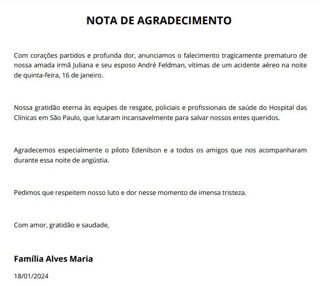 Família de mulher morta em acidente de helicóptero divulga nota de agradecimento