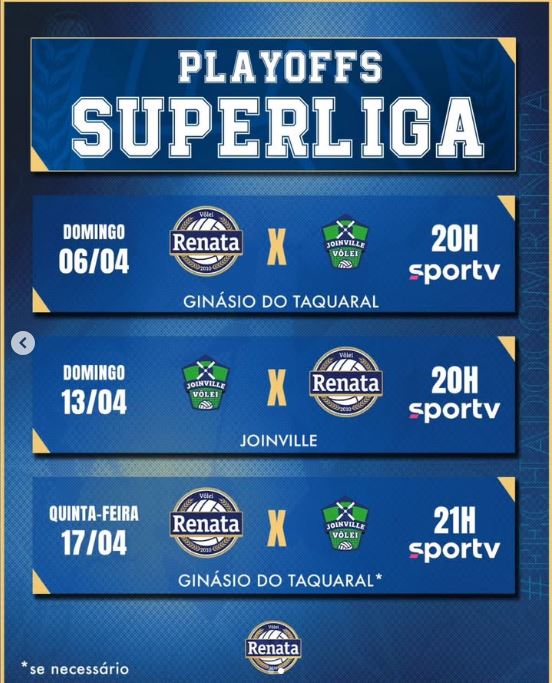 CBV divulga datas e horários dos confrontos entre Vôlei Renata e Joinville