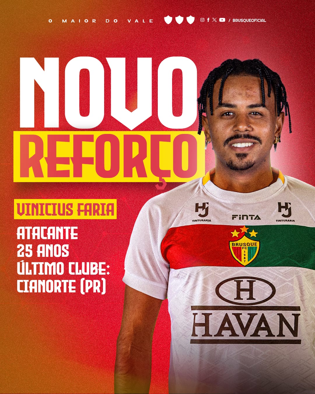 Antes de enfrentar Guarani, Brusque anuncia contratação de atacante Vinícius Faria