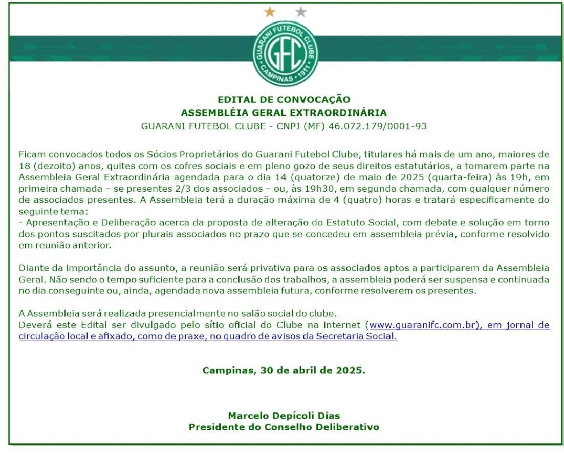 Reunião para alterações no estatuto do Guarani acontece nesta quarta-feira (14)