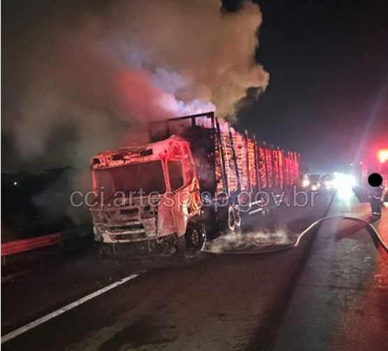 Caminhão com madeira colide em outro e pega fogo na Rodovia Anhanguera em Limeira