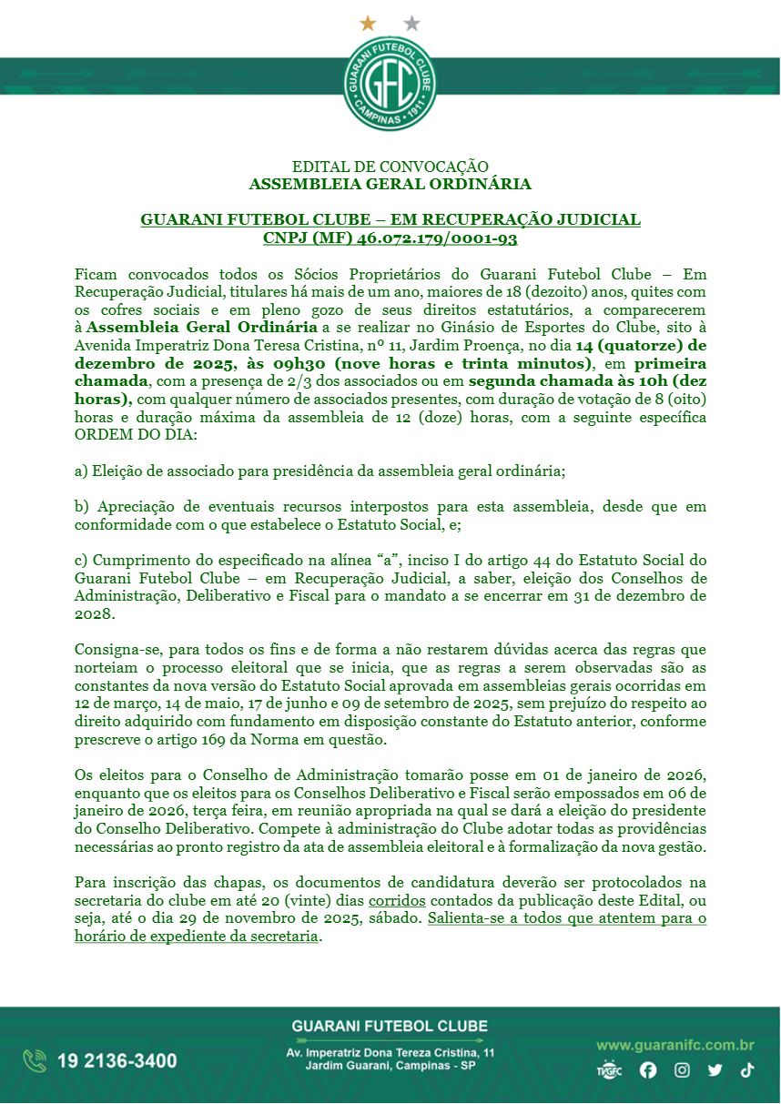 Guarani divulga edital de convocação para as eleições
