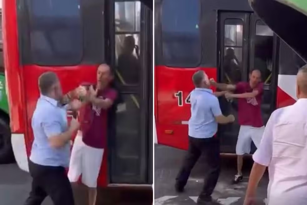 Motorista de ônibus é filmado brigando com homem no meio da rua em Campinas