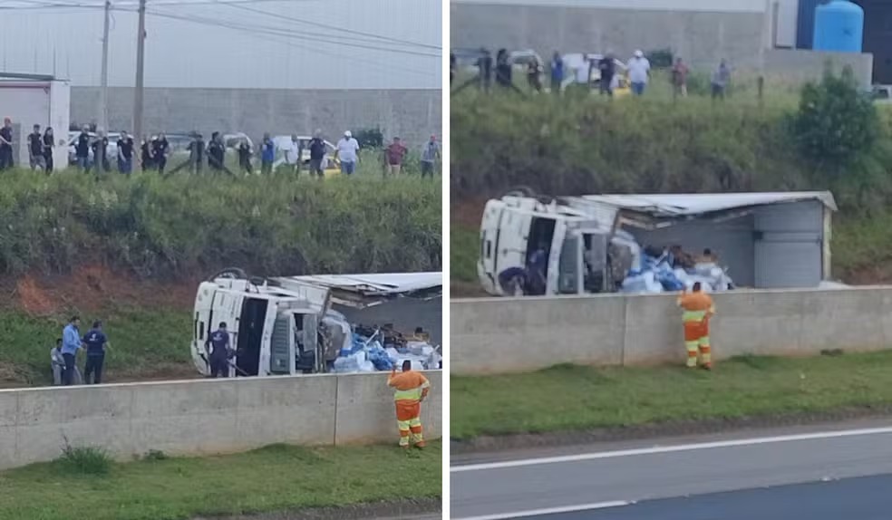 Caminhão com carga de carne congelada tomba e bloqueia rodovia em Mogi Guaçu 